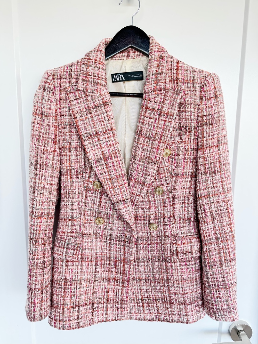 Zara Pink Multi-Tone Tweed Double-Breasted Blazer